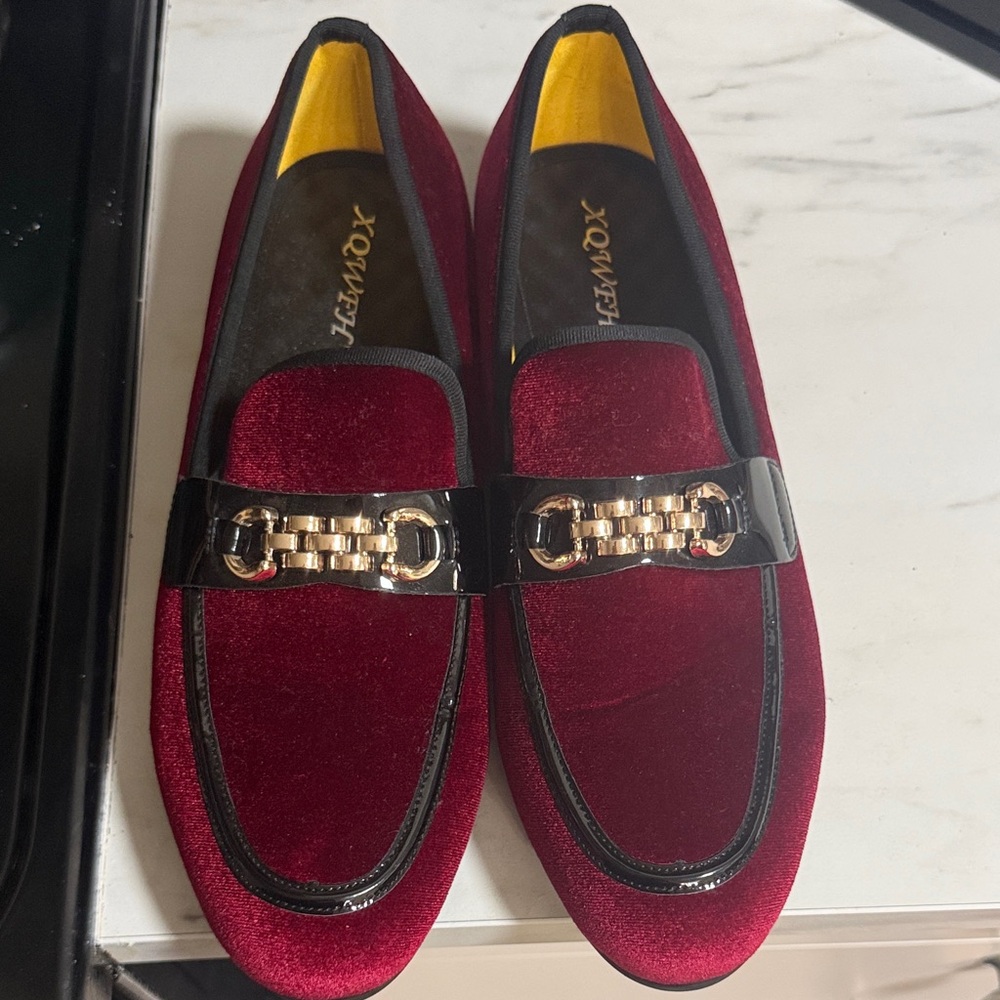 EUC Red Velvet Loafers with Gold Accent